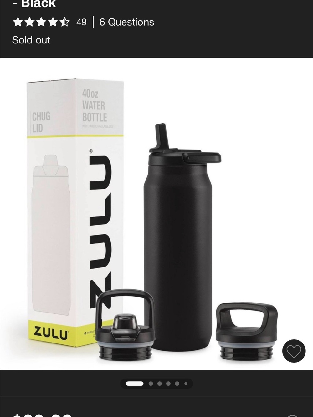 Zulu 40oz Black Stainless Steel Water Bottle with Multiple Lids & Straw